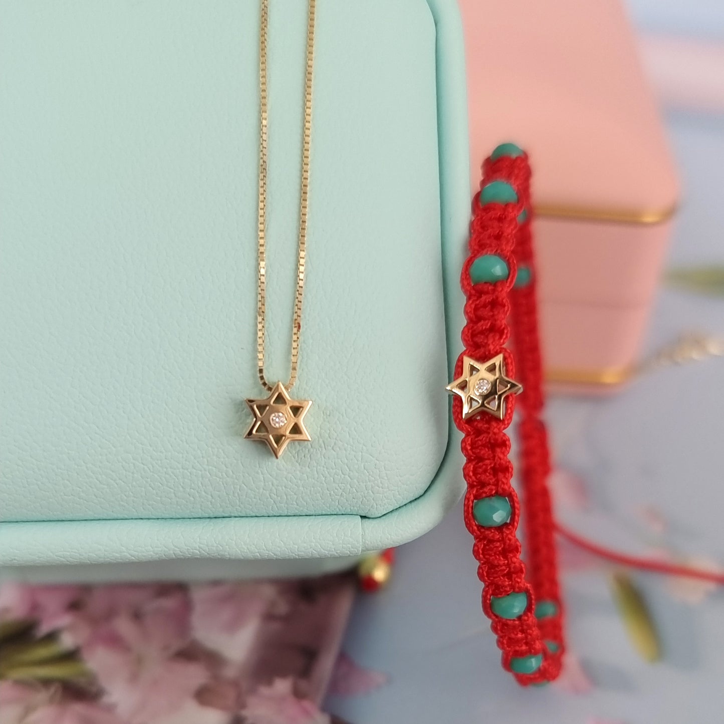 שרשרת מגן דויד זהב צמיד חרוזים מגן דוד עם יהלום